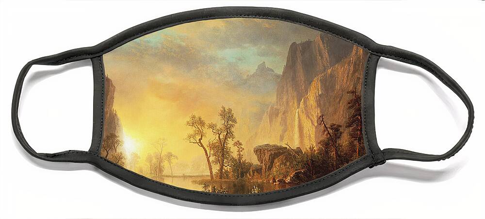 Bierstadt Face Mask featuring the painting Sunset in the Rockies by Albert Bierstadt