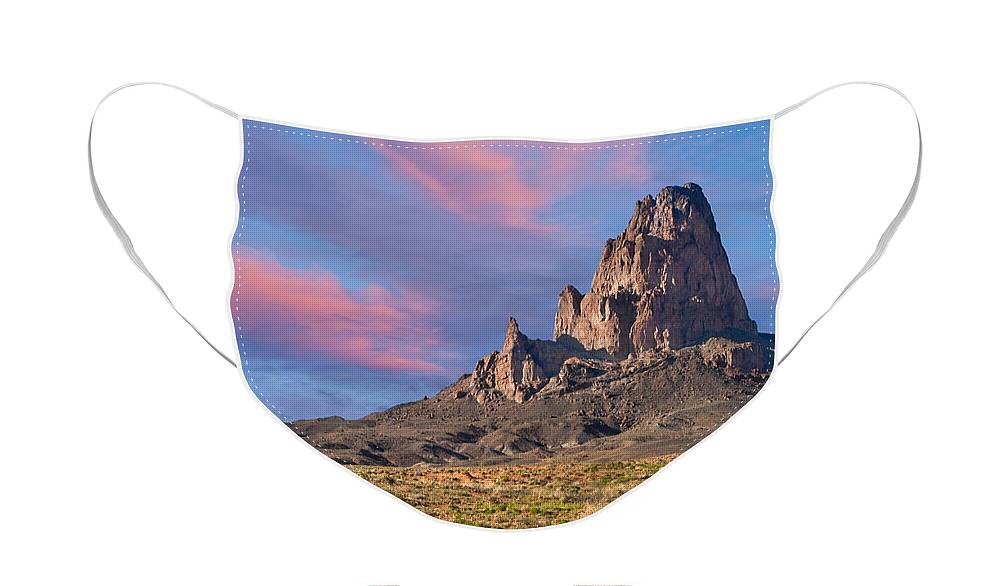 Arid Climate Face Mask featuring the photograph Sunset on Agathla Peak by Jeff Goulden