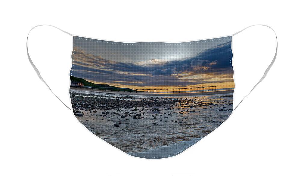 Cleveland Face Mask featuring the photograph Sunset with Saltburn pier by Gary Eason