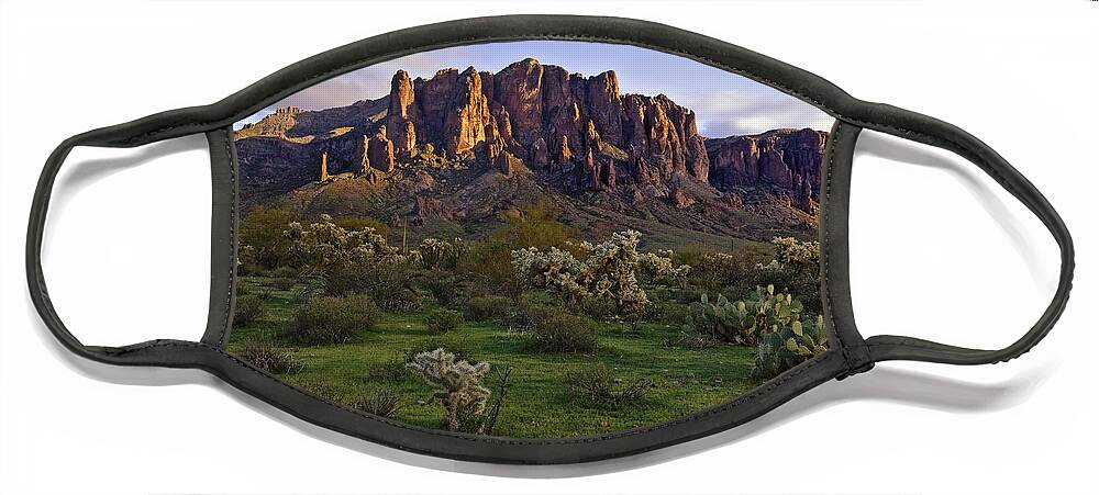 Superstition Mountains Face Mask featuring the photograph Superstitions Mountains on Green by Dave Dilli