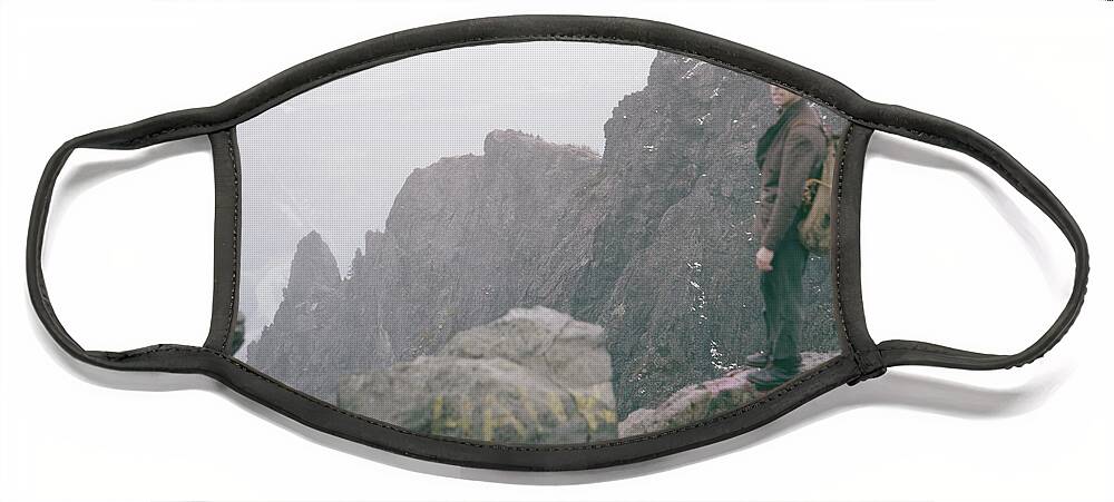 Fred Beckey Face Mask featuring the photograph T-04701 Fred Beckey on Mt. Si 1958 by Ed Cooper Photography