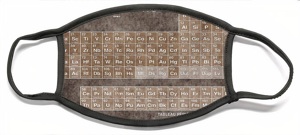 Periodic Table Of The Elements Vintage Chart On Worn Stained Distressed Canvas Face Mask featuring the painting Tableau Periodiques Periodic Table Of The Elements Vintage Chart Sepia by Tony Rubino