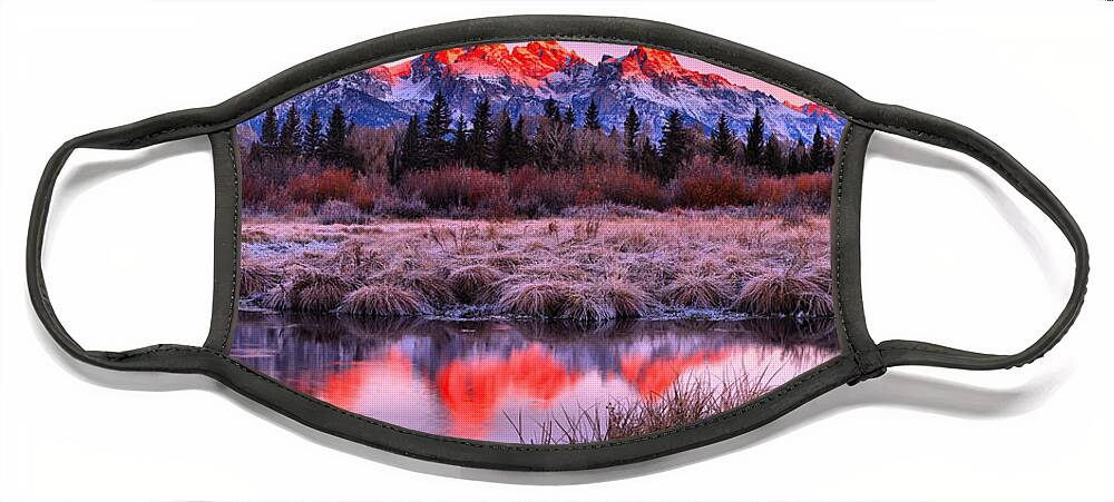 Grand Teton National Park Face Mask featuring the photograph Teton Reflections In The Frosted Willows by Adam Jewell