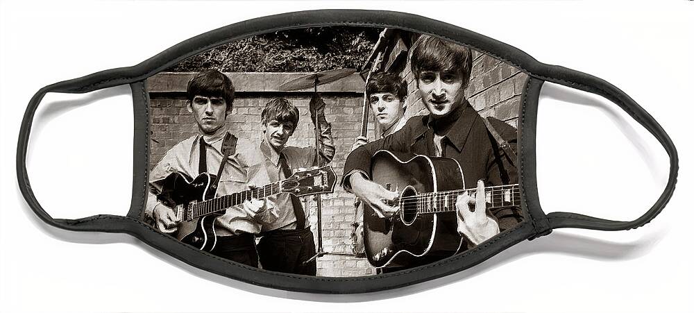 The Beatles Face Mask featuring the painting The Beatles In London 1963 Sepia Painting by Tony Rubino