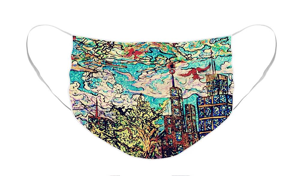 Cityscape Face Mask featuring the drawing The City by Angela Weddle