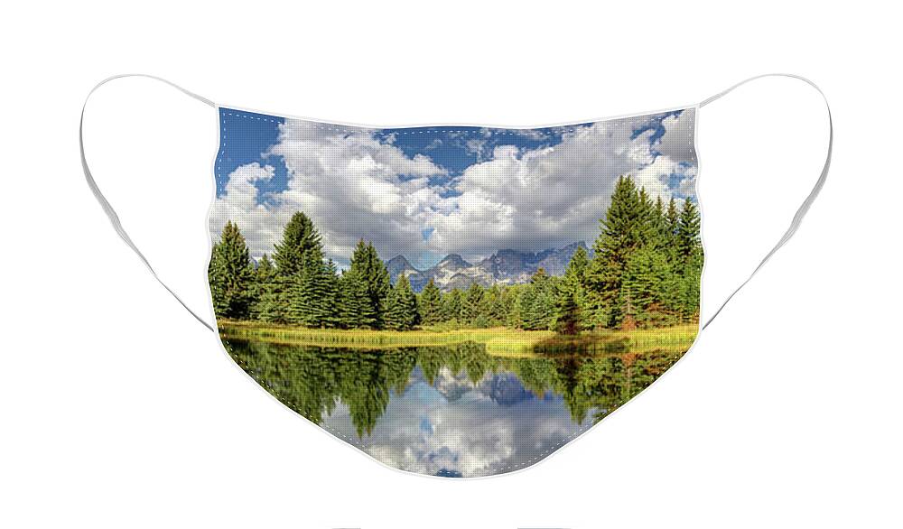 Olena Art Face Mask featuring the digital art The Grand Tetons National Park Reflection OLena Art Photography by OLena Art by Lena Owens - Vibrant DESIGN