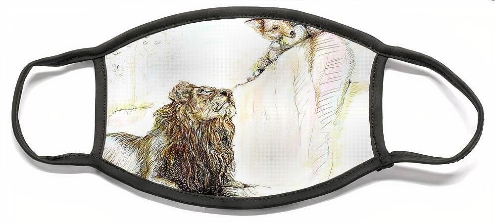 Lion Face Mask featuring the painting The Lion and The Fox 1 - The First Meeting by Sukalya Chearanantana