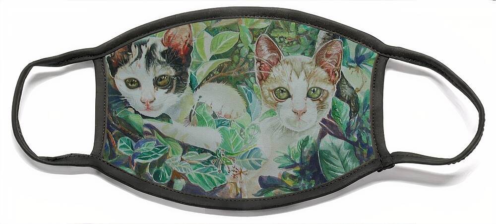 Cats Face Mask featuring the painting The Sisters by Sukalya Chearanantana
