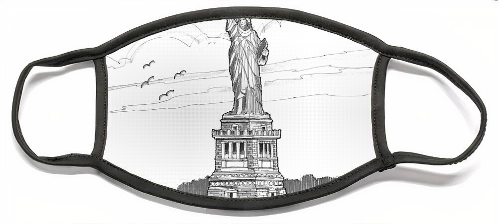 Landscape Face Mask featuring the drawing The Statue of Liberty Lighthouse by Richard Wambach