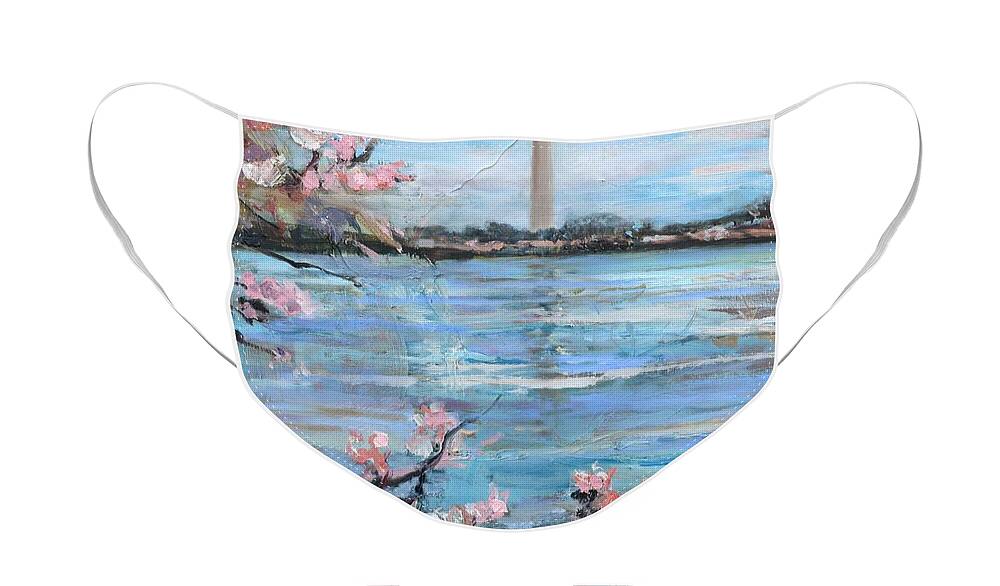 Capitol Face Mask featuring the painting The Washington Monument at Cherry Blossom Festival Painting by Donna Tuten