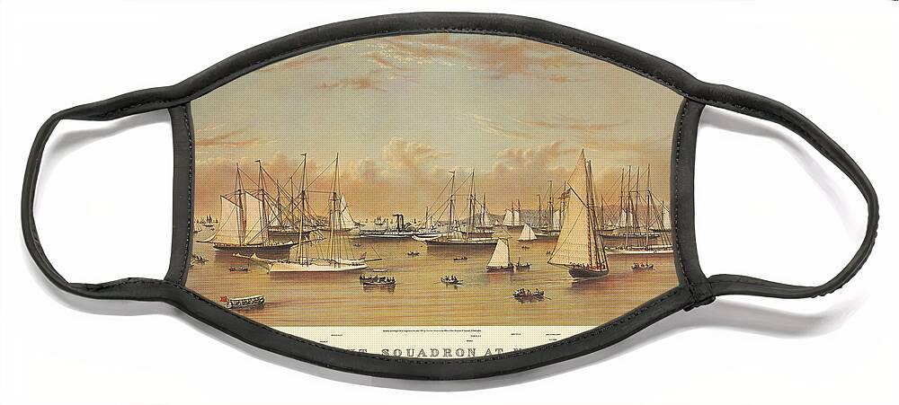 Currier And Ives Face Mask featuring the painting The Yacht Squadron at Newport by Nautical Chartworks