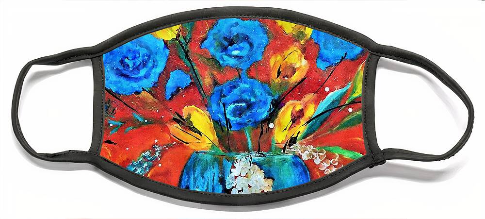 Pop Face Mask featuring the digital art This is It Pop Floral Orange and Blue Painting By Lisa Kaiser by Lisa Kaiser