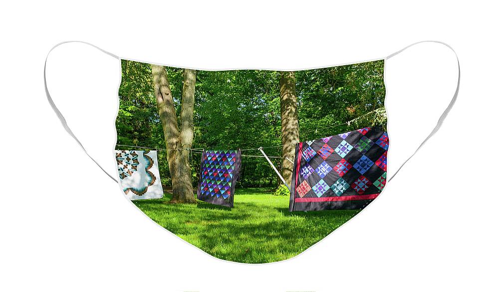 Amish Face Mask featuring the photograph Three Quilts in the Breeze by Tana Reiff