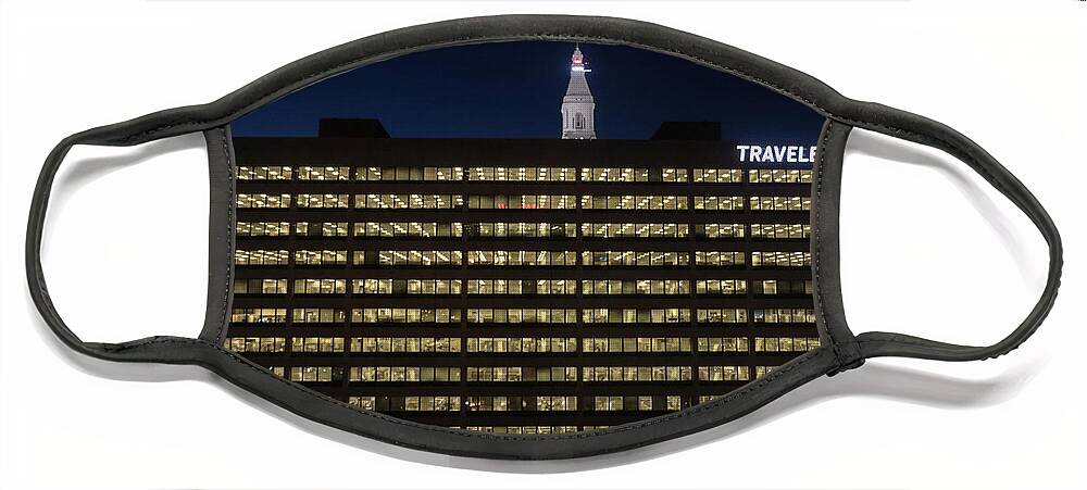 Architecture Face Mask featuring the photograph Travelers Insurance Company at Night by Thomas Marchessault