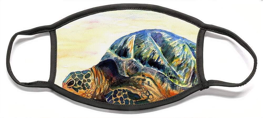Green Sea Turtle Face Mask featuring the painting Turtle at Poipu Beach 8 by Marionette Taboniar