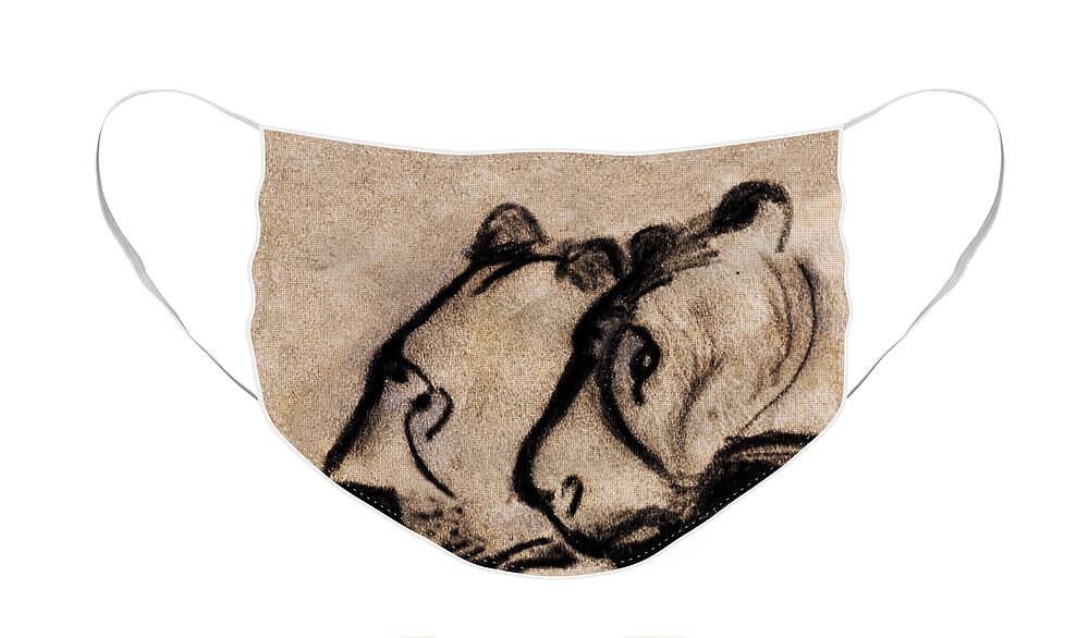 Chauvet Cave Lions Face Mask featuring the painting Two Chauvet Cave Lions - Clear Version by Weston Westmoreland