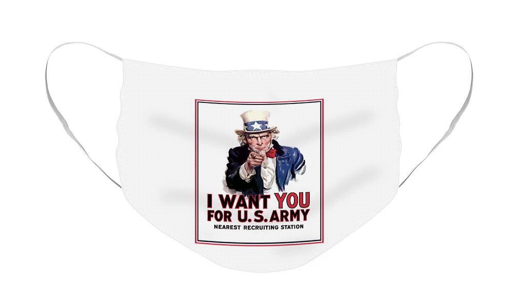 Ww2 Face Mask featuring the painting Uncle Sam -- I Want You by War Is Hell Store