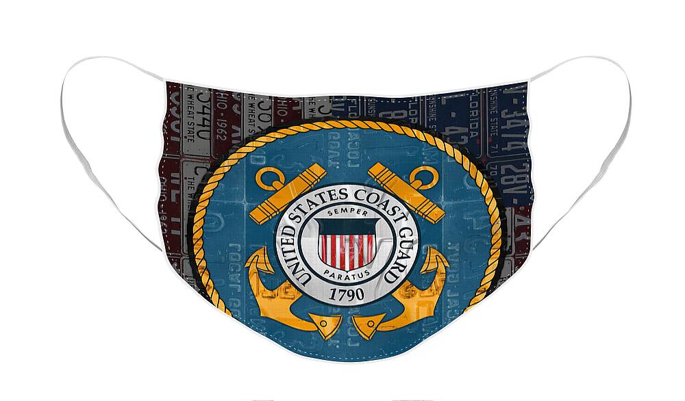 United States Face Mask featuring the mixed media United States Coast Guard Logo Recycled Vintage License Plate Art by Design Turnpike