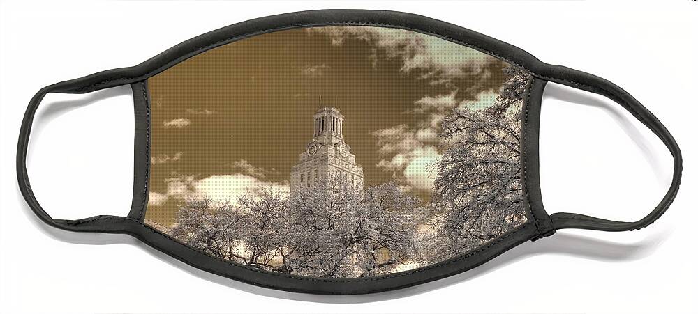 University Of Texas Face Mask featuring the photograph University of Texas Clock Tower Austin by Jane Linders