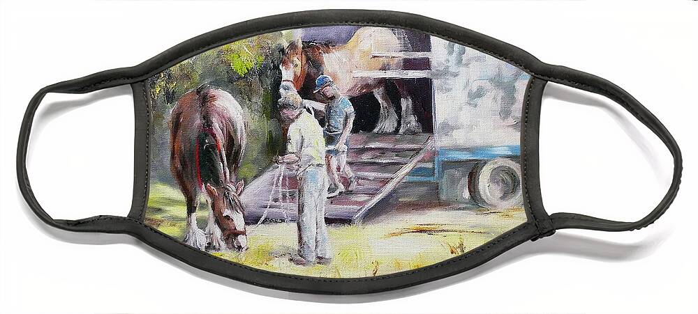 Clydesdales Face Mask featuring the painting Unloading the Clydesdales by Ryn Shell