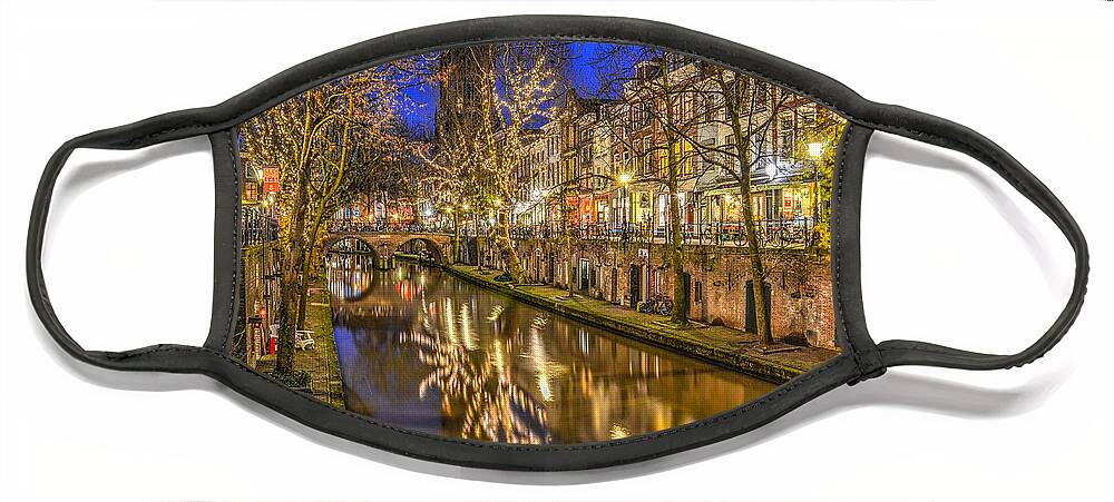 Utrecht Face Mask featuring the photograph Utrecht Old Canal by Night by Frans Blok