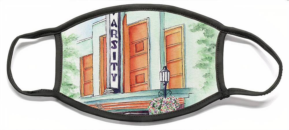 Old Theater Face Mask featuring the painting Varsity on Main by Lori Taylor