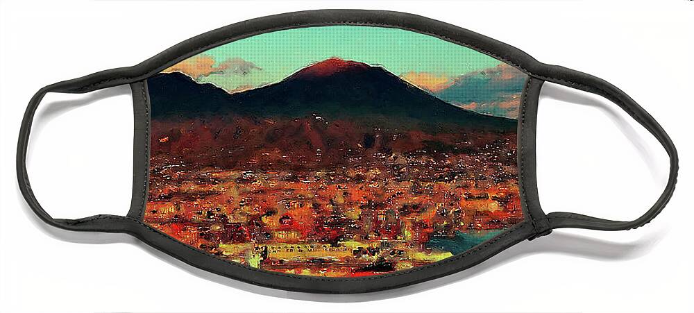 Gulf Of Naples Face Mask featuring the painting Vesuvio, panorama from Naples - 01 by AM FineArtPrints