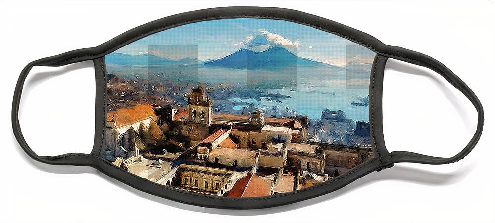 Gulf Of Naples Face Mask featuring the painting Vesuvio, panorama from Naples - 03 by AM FineArtPrints