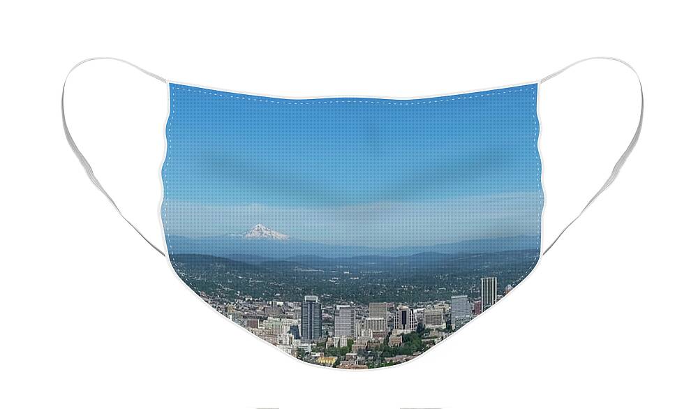 Downtown Face Mask featuring the photograph View of downtown Portland Oregon from Pittock Mansion by Robert Bellomy