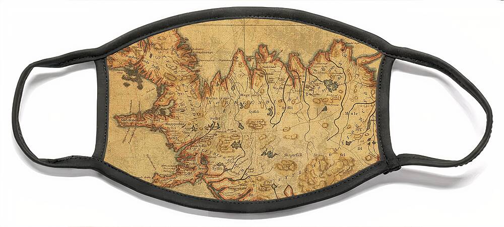 Vintage Face Mask featuring the mixed media Vintage Antique Map of Iceland by Design Turnpike