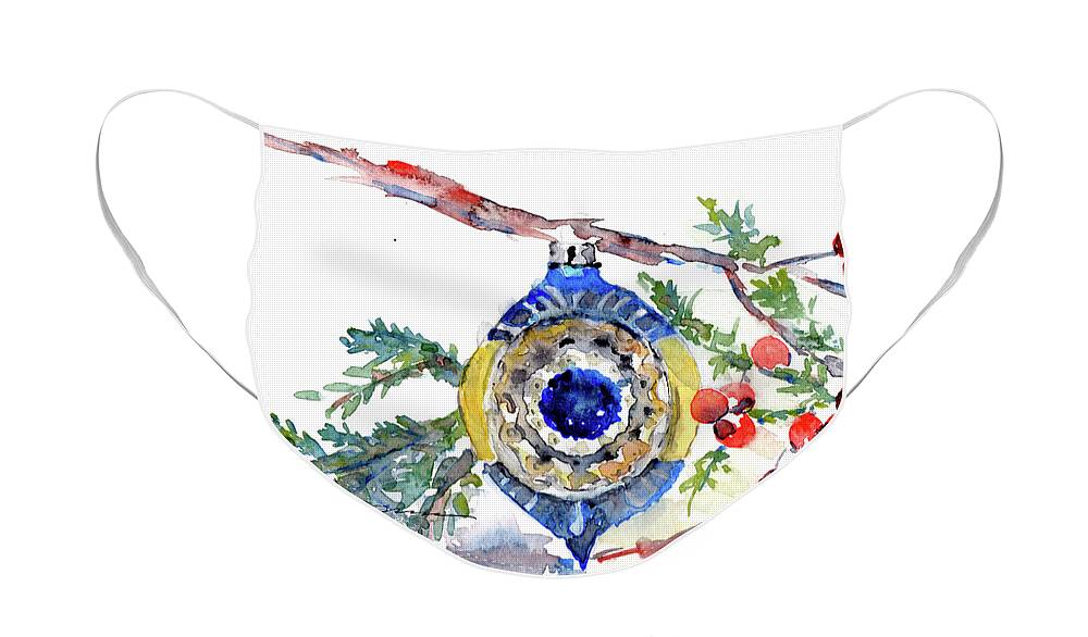 Vintage Christmas Face Mask featuring the painting Vintage Christmas Bulb in Blue by Claudia Hafner
