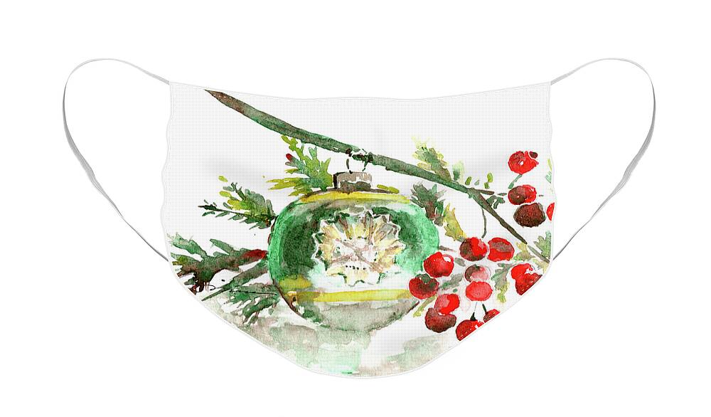 Christmas Bulb Face Mask featuring the painting Vintage Christmas Bulb in Green by Claudia Hafner