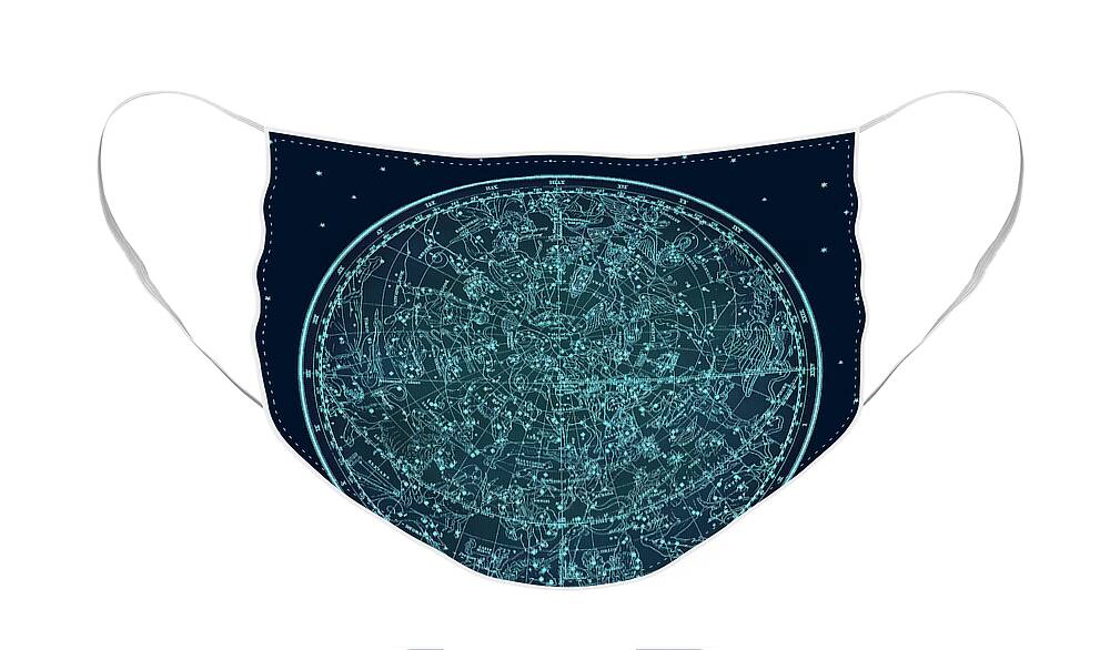 Vintage Zodiac Map Face Mask featuring the digital art Vintage Zodiac Map - Teal Blue by Marianna Mills