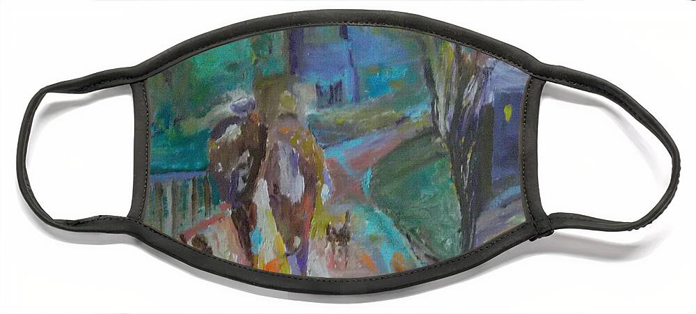 Cityscape Face Mask featuring the painting Walkin the Dogs by Susan Esbensen