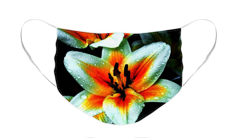 Lily Face Mask featuring the photograph Water Droplet Covered White Lily by Andee Design