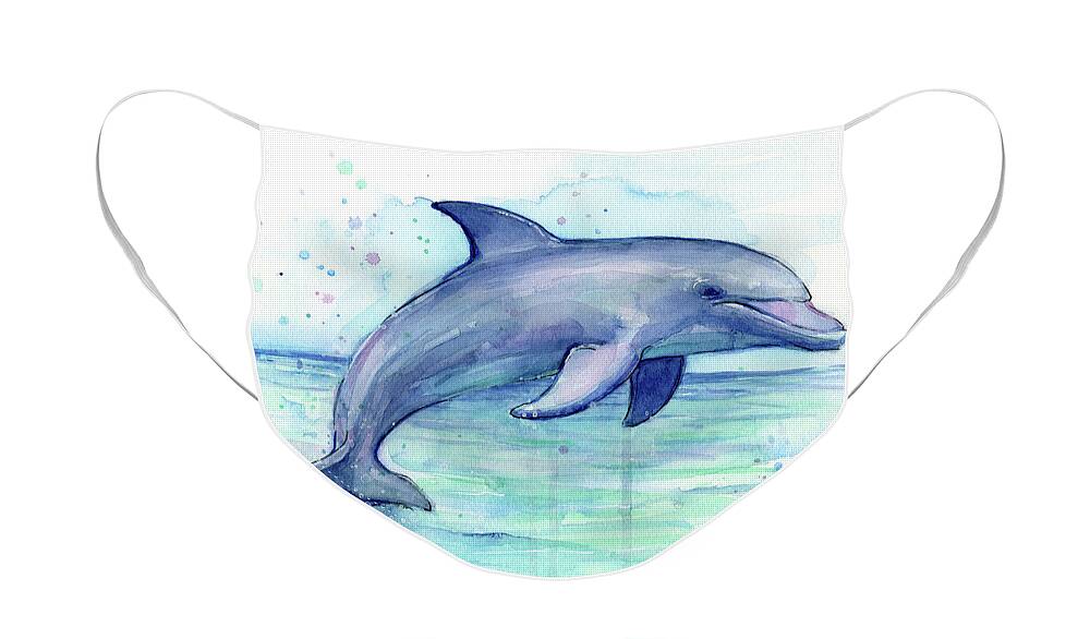 Dolphin Face Mask featuring the painting Watercolor Dolphin Painting - Facing Right by Olga Shvartsur