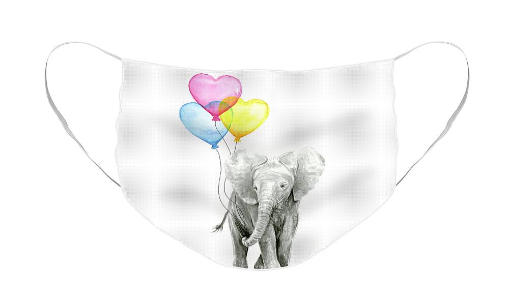 Elephant Face Mask featuring the painting Watercolor Elephant with Heart Shaped Balloons by Olga Shvartsur