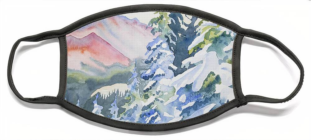 Long's Peak Face Mask featuring the painting Watercolor - Long's Peak Winter Landscape by Cascade Colors