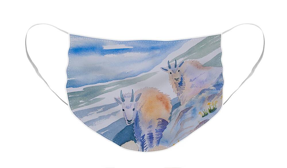 Mountain Goat Face Mask featuring the painting Watercolor - Mountain Goats on Quandary by Cascade Colors