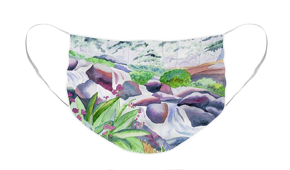 Parry's Primrose Face Mask featuring the painting Watercolor - Parry's Primrose and Mountain Stream by Cascade Colors