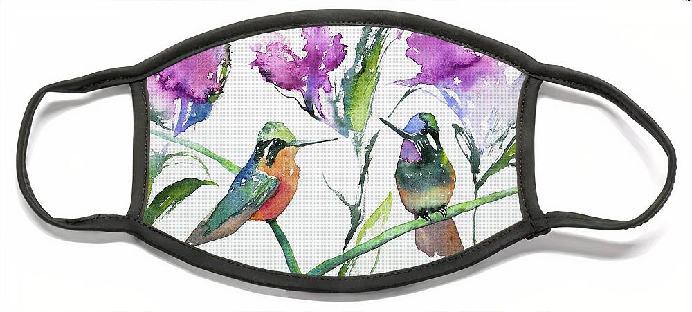 Purple-throated Mountain Gem Face Mask featuring the painting Watercolor - Purple-throated Mountain Gems and Flowers by Cascade Colors