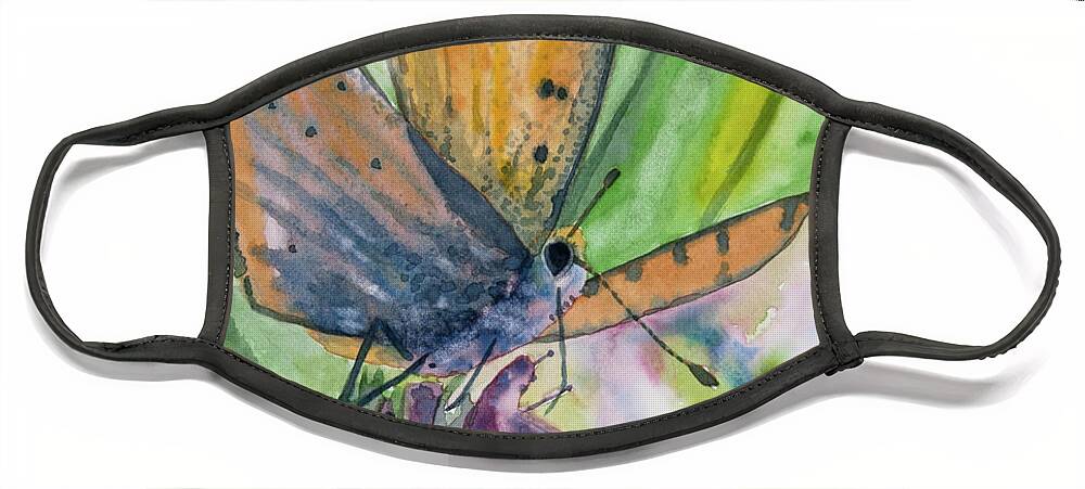 Butterfly Face Mask featuring the painting Watercolor - Small Butterfly on a Flower by Cascade Colors