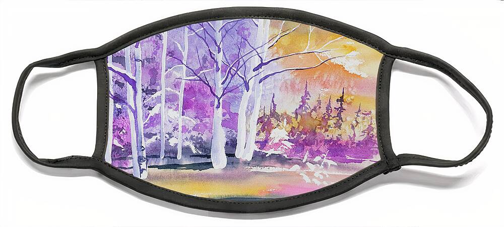 Aspen Face Mask featuring the painting Watercolor - Winter Aspen Sunrise by Cascade Colors