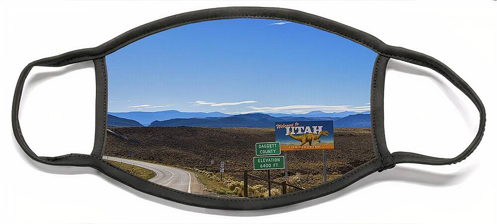 Welcome To Utah Sign Face Mask featuring the photograph Welcome to Utah sign on Hwy191 by Tatiana Travelways