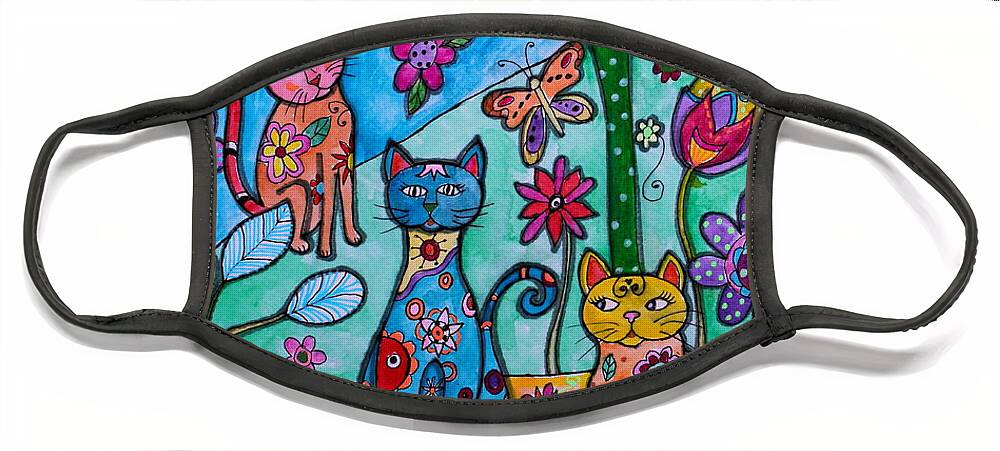 Gato Face Mask featuring the painting Whimsical Cats by Pristine Cartera Turkus