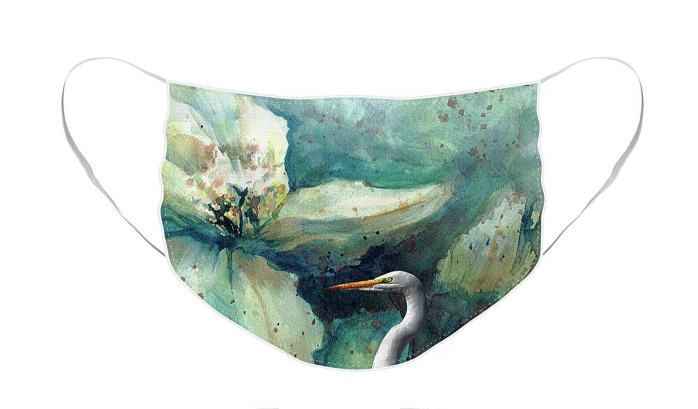 #creativemother Face Mask featuring the painting White Heron on Teal Bloom by Francelle Theriot