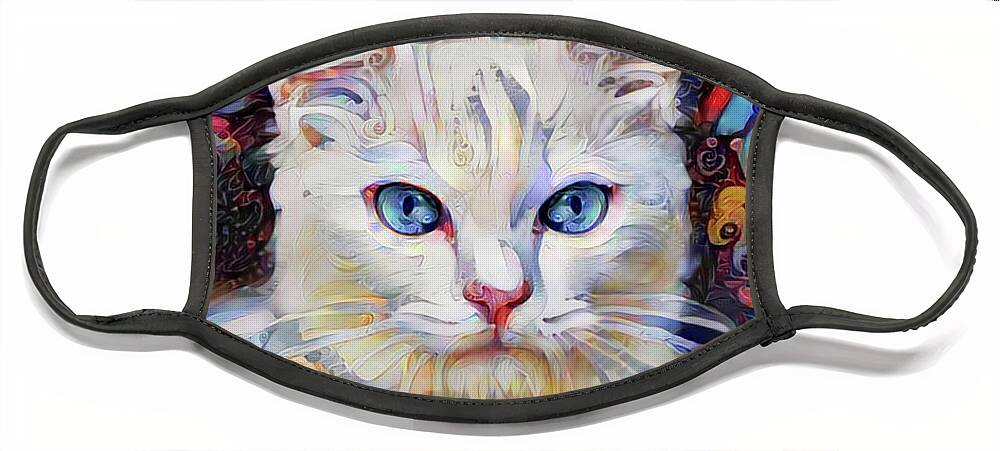 White Cat Face Mask featuring the digital art White Kitten with Blue Eyes by Peggy Collins