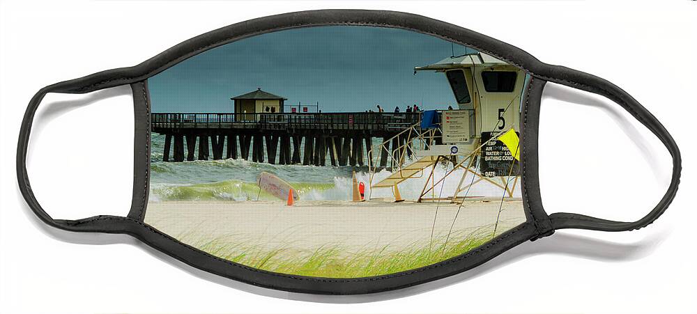 Lifeguard Station Face Mask featuring the photograph Windy day at the Pompano Pier by Wolfgang Stocker