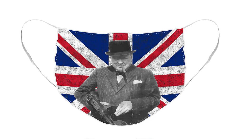 Winston Churchill Face Mask featuring the painting Winston Churchill and His Flag by War Is Hell Store