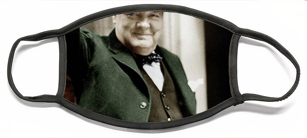 Churchill Face Mask featuring the photograph Winston Churchill, English Prime Minister, making the victory gesture in front of 10 Downing Street by English School